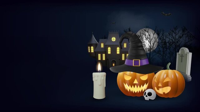 halloween animated background with haunted house, pumpkins, ghost, bats and full moon. halloween animation