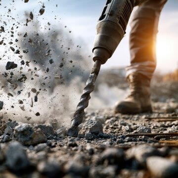 Construction worker with heavy-duty drilling equipment breaking concrete surface with flying debris in outdoor industrial site at sunset