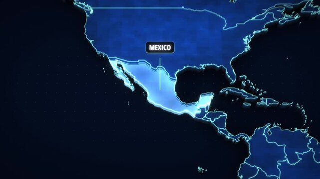 Animated zoom from a world map into a stylized blue digital map of Mexico highlighting the country with glowing outlines and a name label for a futuristic news and travel graphic template.
