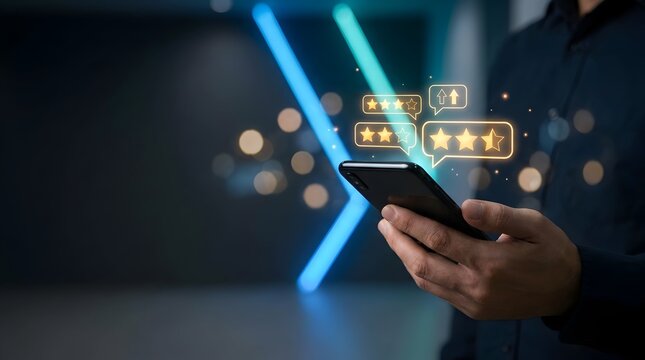 Customer feedback five star rating on smartphone screen
