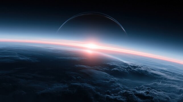 Stunning view of a glowing sunrise over the earth's horizon with a faint atmospheric glow and space in the background showcasing the planet's curvature and clou
