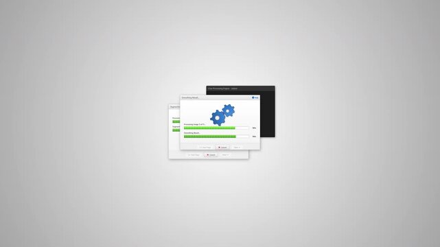 An expanded simulation of a software dialog box featuring a background terminal log, non-linear realistic progress loading, completion states, and interactive button hover effects.