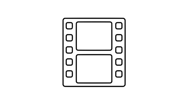 Black outline vector icon of a vertical film strip with two large empty frames and ten small side perforations drawn with medium black lines in centered symmetrical composition for cinematic use
