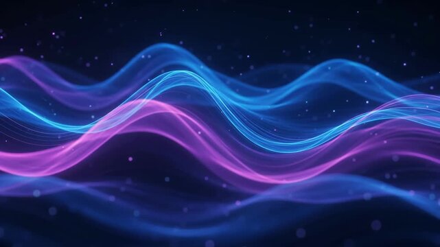 Slow motion tracking pan tilt of abstract neon waves flowing across dark digital background in virtual space with glowing blue and purple ribbons