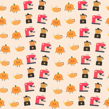 Cute cartoon pumpkins, teapots, and kitchen appliances pattern