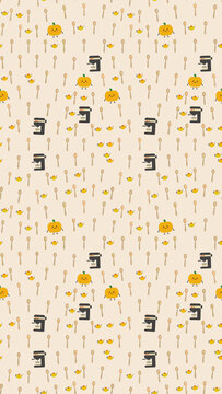 Cute kitchen pattern with pumpkins, teapots, coffee makers, and spoons