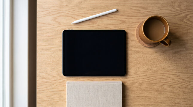Flat Lay Digital Tablet Mockup with Stylus Pen, Coffee Cup, and Notebook on Wooden Desk