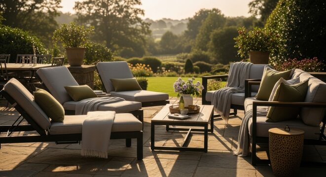 Luxury outdoor lounge area with comfortable furniture and blooming garden in golden hour light