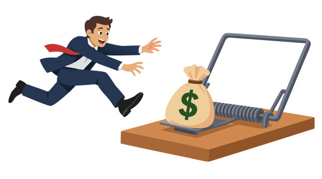 Excited cartoon businessman in blue suit running and leaping into giant wooden mousetrap baited with money bag with dollar sign, greed risk financial trap concept vector illustration on white