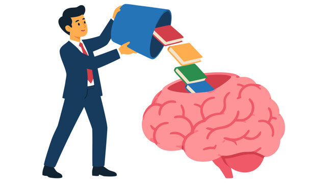 Businessman pouring colorful books from blue bucket into large pink human brain, knowledge transfer and learning concept in bold flat vector illustration style for education training and ideas
