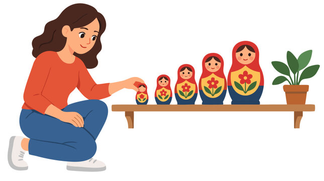 Hopeful smiling woman in orange sweater arranging colorful Russian matryoshka nesting dolls from smallest to largest on wooden shelf beside green potted plant, flat vector illustration