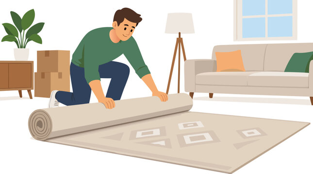 Man kneeling unrolling large beige patterned area rug in modern new living room with sofa moving boxes lamp houseplant, relocation home decor concept flat vector illustration white background