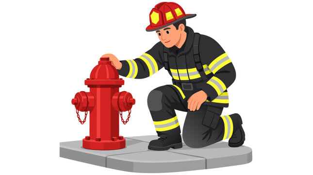 Cute cartoon vector illustration of brave firefighter in black turnout gear and red helmet kneeling inspecting red fire hydrant on sidewalk bold flat colors isolated on white background