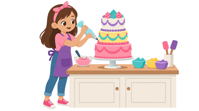Happy cute little girl pastry chef in purple apron decorating tall three-tier pink birthday cake with colorful icing piping bag on kitchen counter bakery flat vector illustration kids party