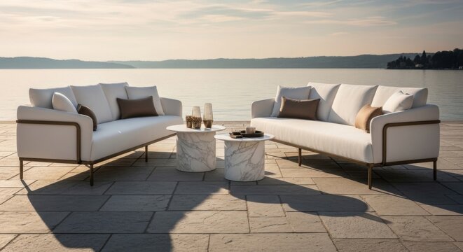 Luxury Outdoor Sofa Set with Marble Coffee Tables by Lakeside at Sunset