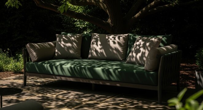 Luxury Outdoor Sofa with Cushions in dappled Sunlight Serene Garden Oasis