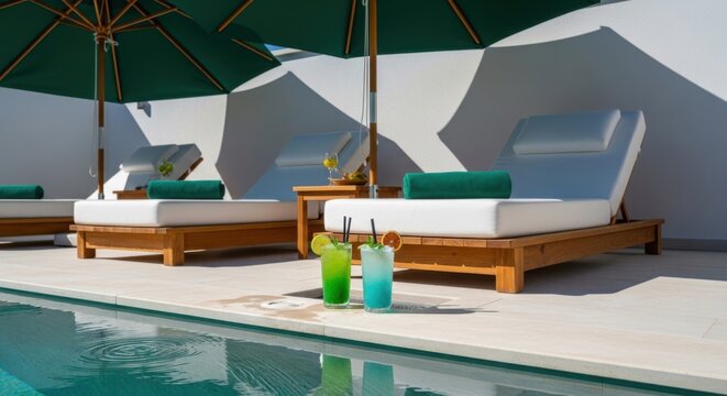 Luxury poolside loungers with refreshing cocktails and umbrellas pristine resort ambiance relaxation vacation vibes