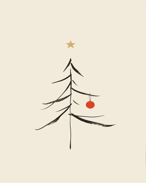 Minimalist tree with bold black strokes. Single red ornament hangs from the branch. Tiny gold star crowns the top. Soft cream background enhances simplicity. Ideal for festive, elegant
