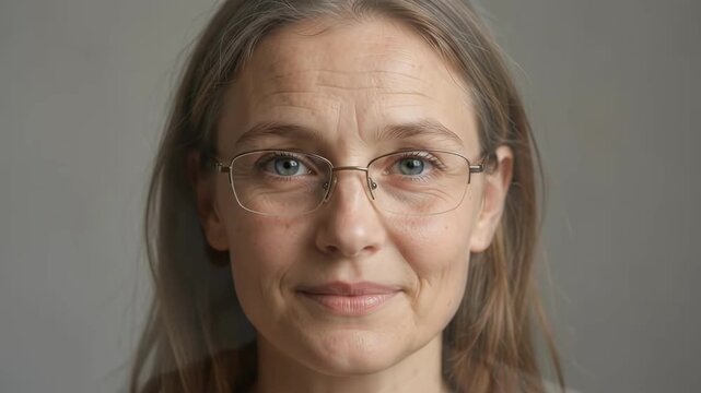 Time lapse static close up portrait of female subject aging from child to elderly in neutral studio setting
