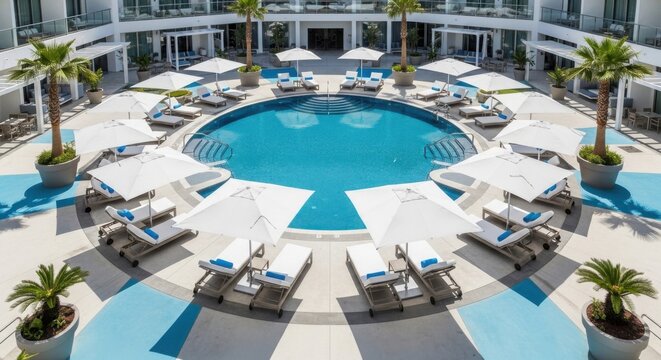 Luxury Resort Pool Courtyard with Sun Loungers Umbrellas and Palm Trees Aerial View
