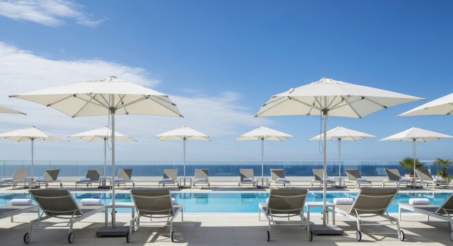 Luxury resort pool with ocean view sun loungers and umbrellas pristine vacation setting