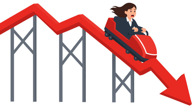 Panicked businesswoman in business suit riding red roller coaster shaped like falling chart arrow plunging downward symbolizing stock market crash, recession, financial loss and economic crisis