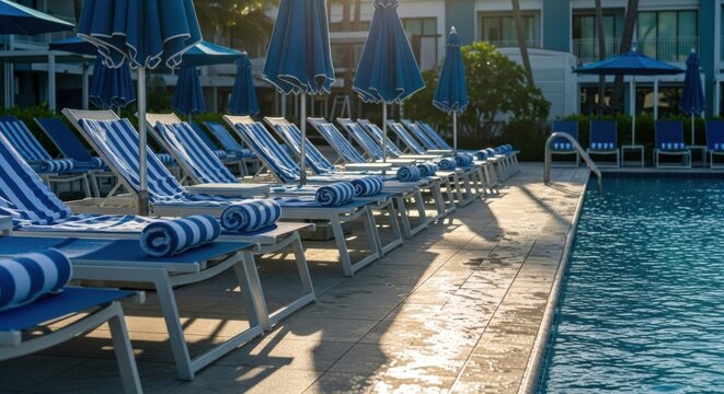 Luxury Resort Poolside Lounge Chairs with Blue Striped Umbrellas and Towels Sunny Day