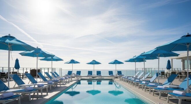 Luxury Resort Poolside Oasis with Ocean View and Blue Umbrellas