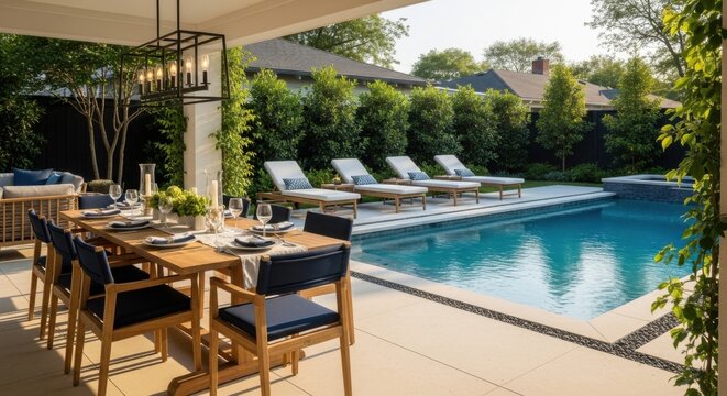 Luxury Outdoor Dining Area and Swimming Pool with Sun Loungers in Backyard Oasis