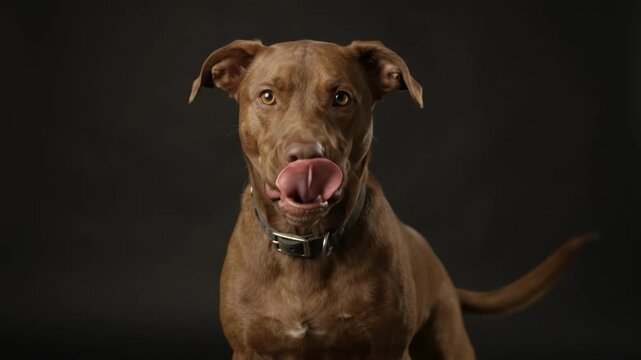 Static close up portrait of brown dog sitting and tilting head while panting in dark studio backdrop with soft low contrast lighting