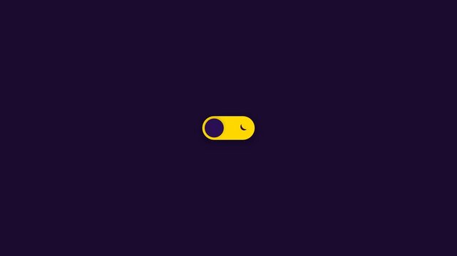 Animated UI toggle switch changing from orange daylight mode to purple dark night mode. Ideal for web design, app interface, and technology themes.
