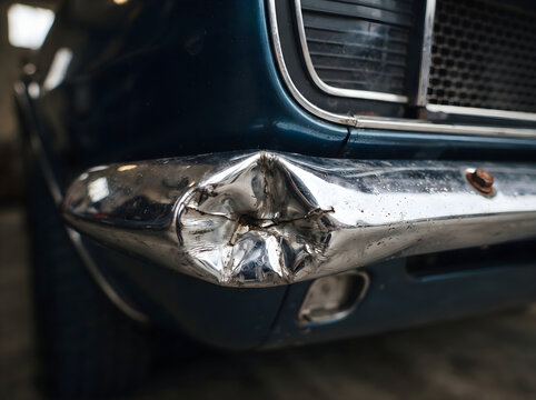 Macro close-up of a dented chrome bumper on a vintage classic car showing metallic damage and impact mark