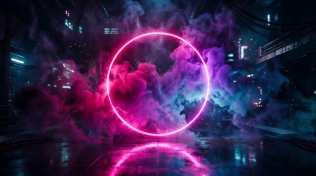 Glowing pink neon circle frame with vibrant purple smoke clouds and dark abstract city lights in the background