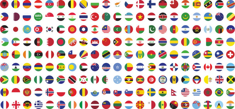 Set of round national flag icons from around the world on a transparent background. PNG