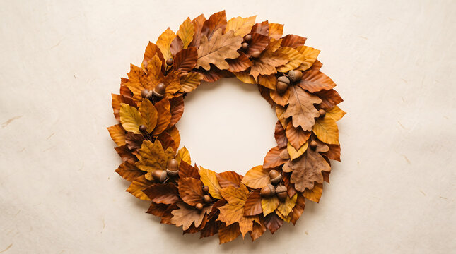 Circular Autumn Leaf Wreath With Golden Oak and Maple Leaves and Acorns on Cream Textured Background