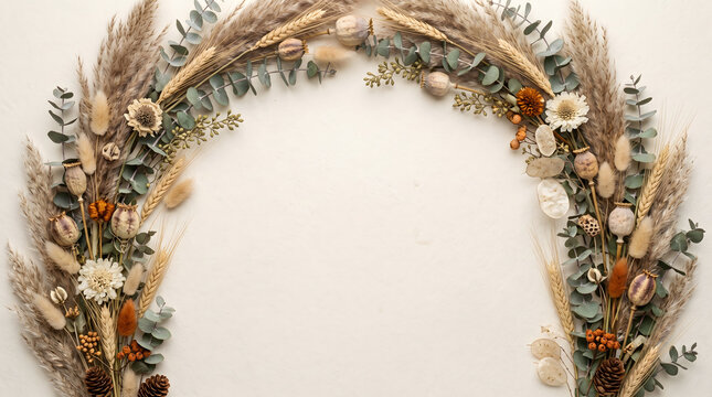 Boho Dried Flower Arch Arrangement With Eucalyptus Pampas Grass and Wheat on Cream Background With Copy Space