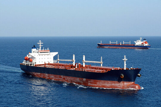 Dry-cargo ship and tanker for transporting oil floats into the sea. Rendezvous of two ships on the high seas. Strait of Hormuz. Tanker ship on the horizon