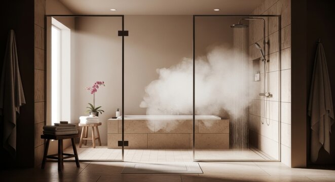 Luxurious bathroom spa with steam shower soaking tub and orchid plant Modern wellness interior design