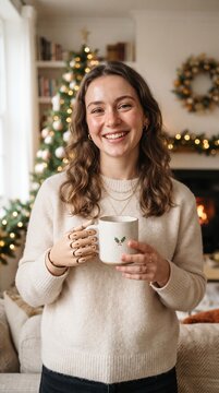 Young Woman With Prosthetic Hand Holding Mug Near Christmas Tree Smiling