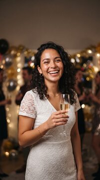 Joyful woman in white dress celebrating with champagne at a festive party with bokeh lights