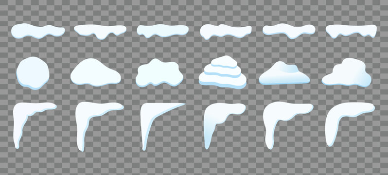 Snow cap and icicle vector element set with snowdrifts and frozen winter snow borders isolated on transparent background