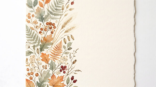 Watercolor Autumn Botanical Border With Fall Leaves Ferns Berries and Wheat on Deckle Edge Cream Paper With Copy Space