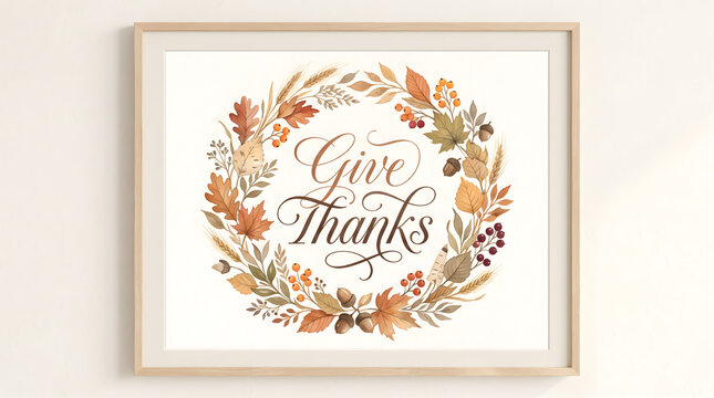 Give Thanks Framed Wall Art With Watercolor Autumn Wreath of Leaves Berries Acorns and Wheat