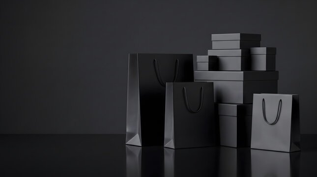 Dark Shopping Bags With Rope Handles and Stacked Boxes on Black Reflective Surface With Copy Space