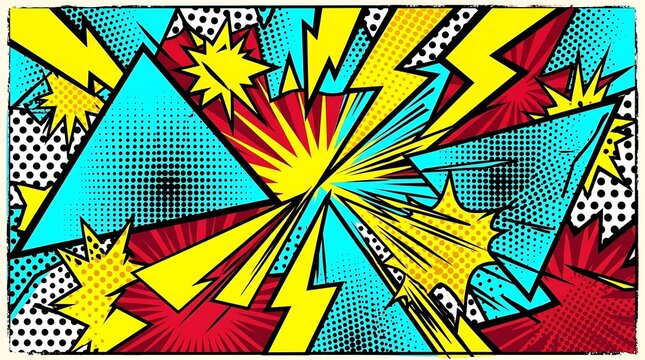 Colorful pop art comic book background with yellow lightning bolts and explosive burst shapes in a retro style