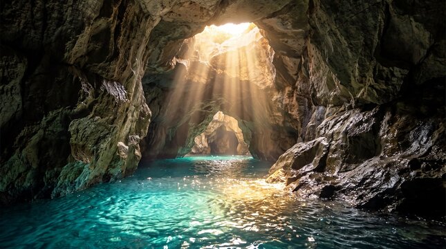 Sunlight streams down into a hidden sea cave through an open ceiling arch, illuminating the crystal clear turquoise water below and dark rock walls.