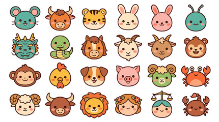 Fototapeta premium Cute animal zodiac icons collection