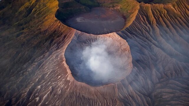 Aerial view of a smoking volcanic caldera. Rugged terrain surrounds the crater edge at Bromo