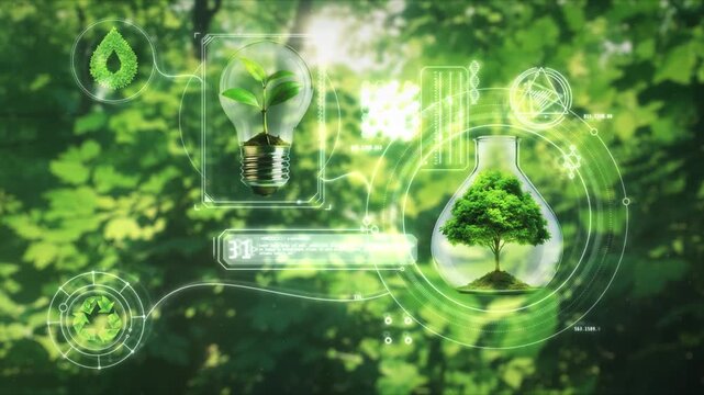 Green technology and renewable energy concept with digital interface plant inside lightbulb and tree in flask in nature