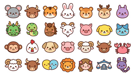 Fototapeta premium Cute animal zodiac icons collection